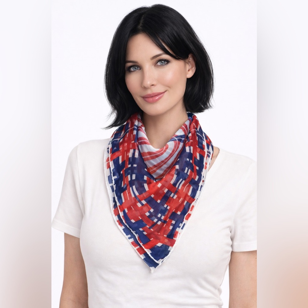 Vintage Americana Sheer Scarf Red White Blue 25” Square Retro Patriotic